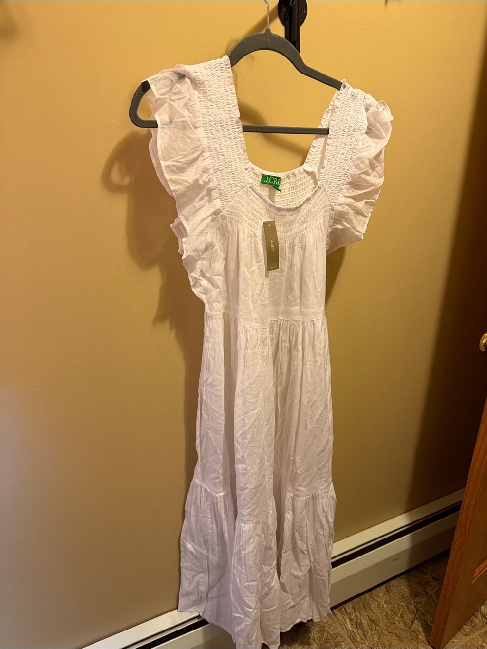 J. Crew White Smocked Ruffle Maxi Dress